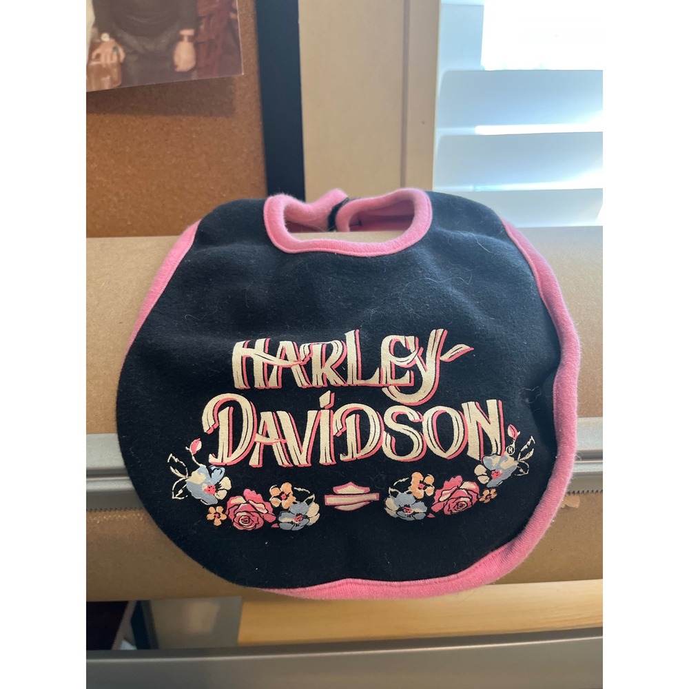 Harley Davidson Baby Bib Black Pink Floral Embroidered Logo Biker Girl Accessory